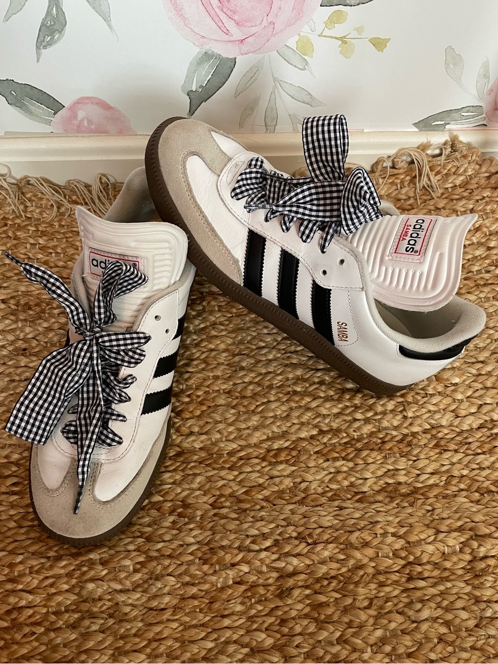 adidas Samba Sneakers in White and Black with Gingham Laces